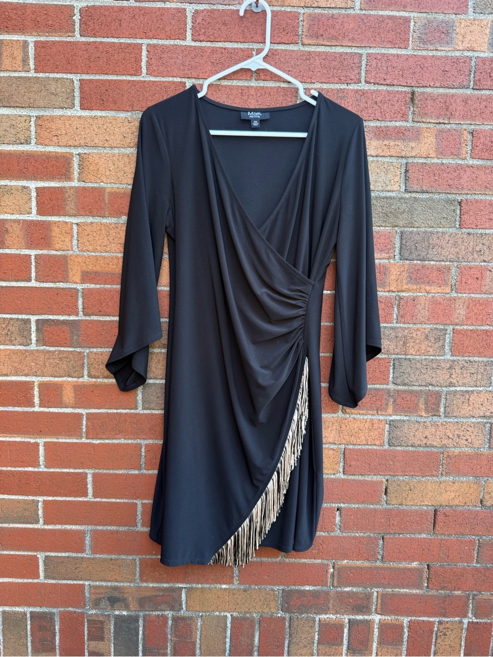 MSK Petite Black Fringe Faux Wrap Cocktail Dress Bell Sleeve PM Boho Glam